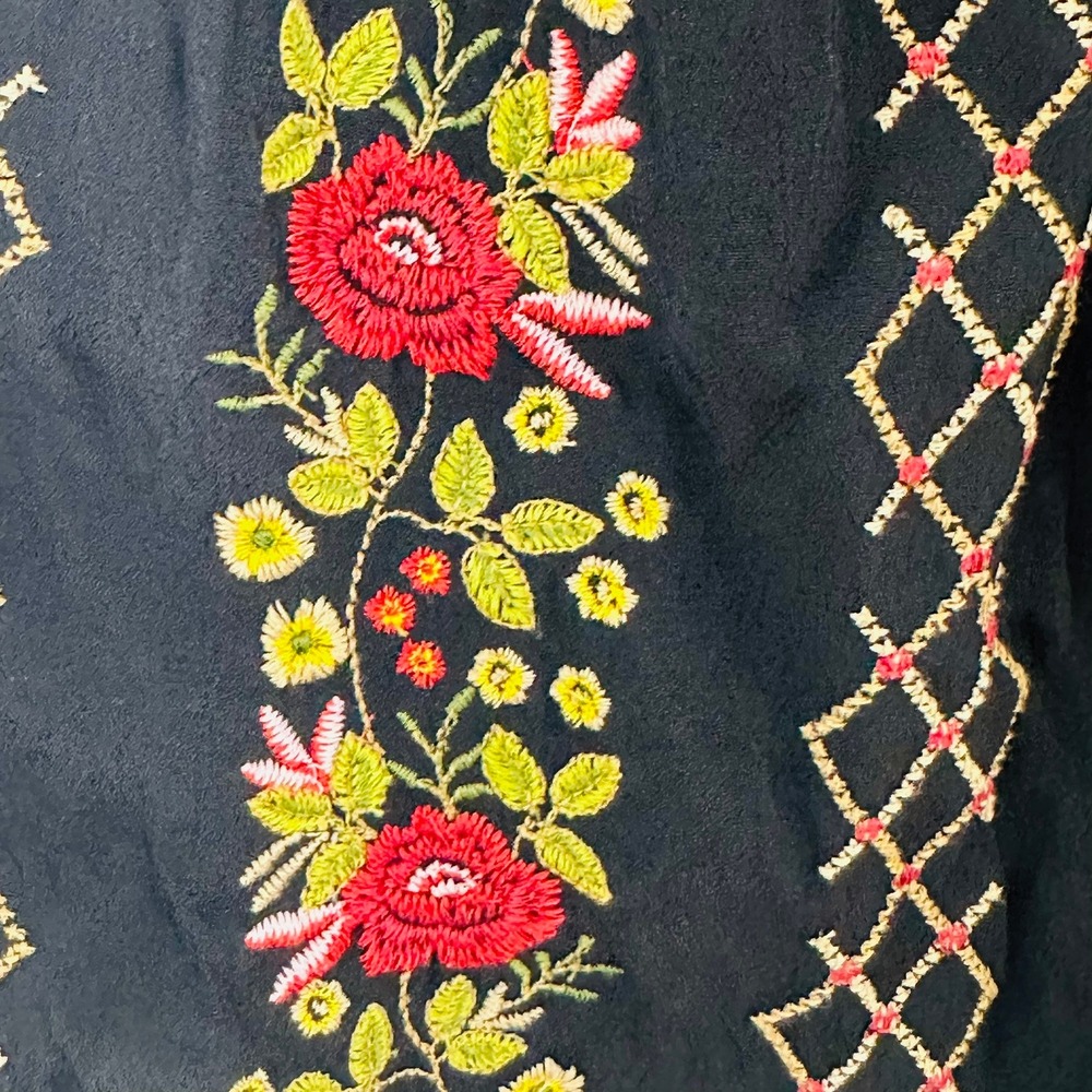 J Jill Black Embroidered Floral V Neck Tassel Long Sleeve Petite Blouse Top‎ S - Picture 7 of 10